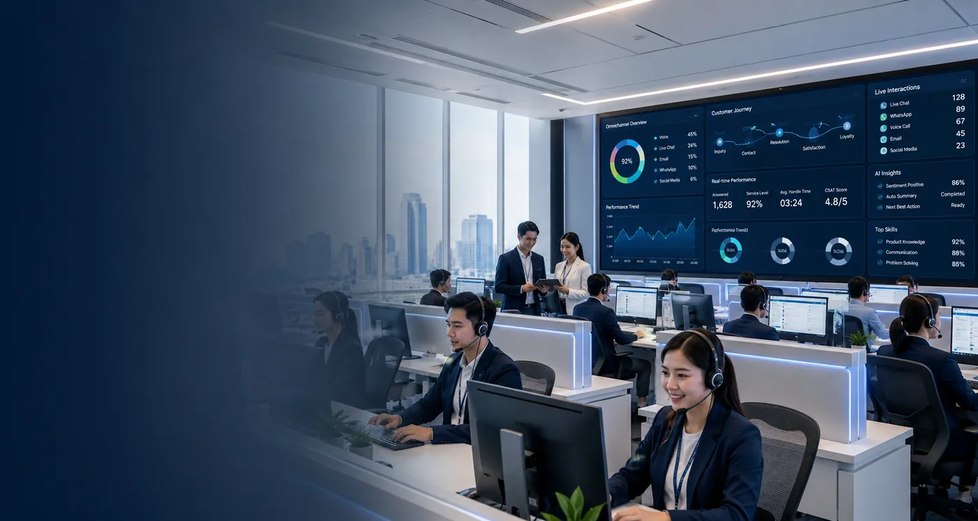 JSM Contact Center team in a modern operations room with a real-time analytics dashboard